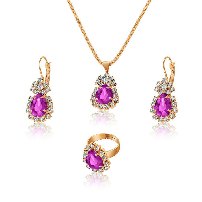 Wholesale water drops rhinestone necklace earrings ring set high-grade bridal jewelry