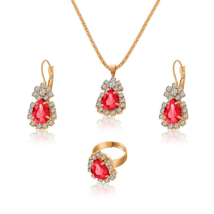 Wholesale water drops rhinestone necklace earrings ring set high-grade bridal jewelry