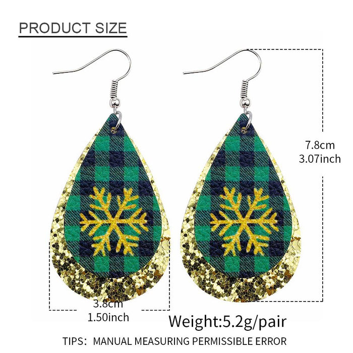 Wholesale 50pcs Christmas Earrings European and American Plaid Snowflake Leather Earrings Double Layer Sequin Christmas Ornaments