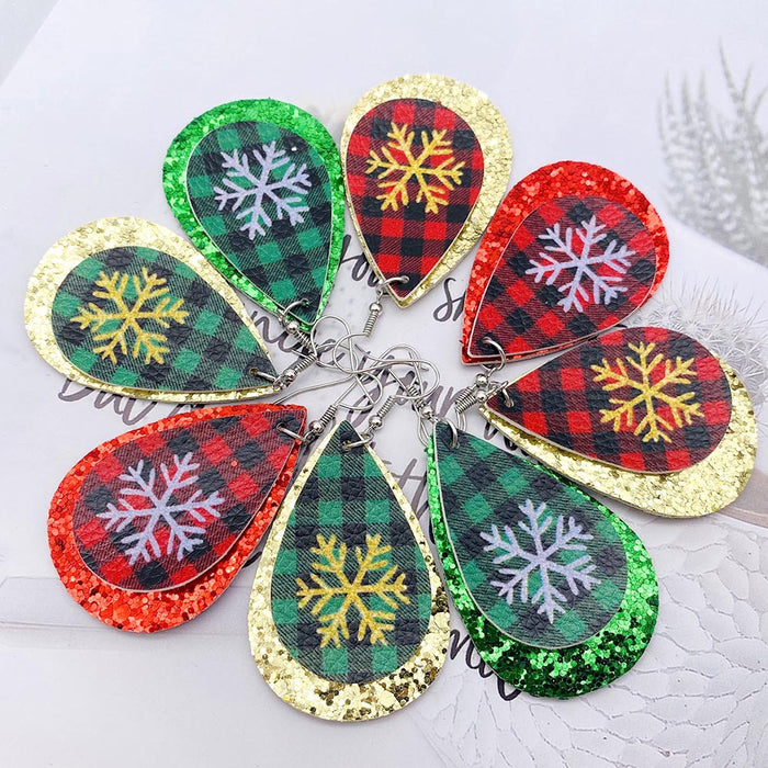 Wholesale 50pcs Christmas Earrings European and American Plaid Snowflake Leather Earrings Double Layer Sequin Christmas Ornaments
