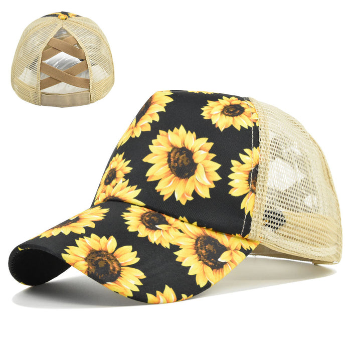 Wholesale Cotton Western Style Sunflower Cross Elastic Mesh Baseball Cap JDC-FH-DeX007