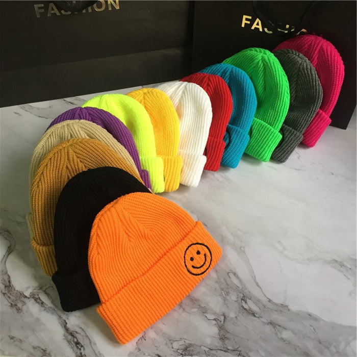 Wholesale Candy Color Embroidered Smiley Face Acrylic Knitted Beanie JDC-FH-Kamie003