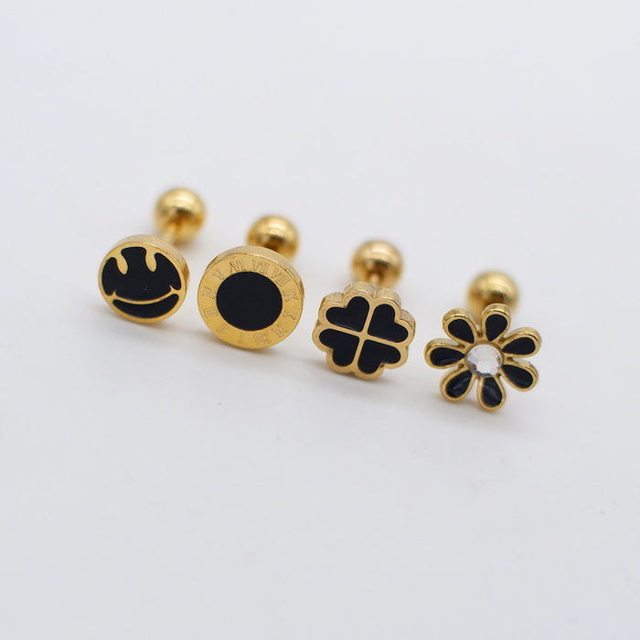Wholesale Titanium Steel Golden Roman Numerals Love Four-leaf Clover Earrings