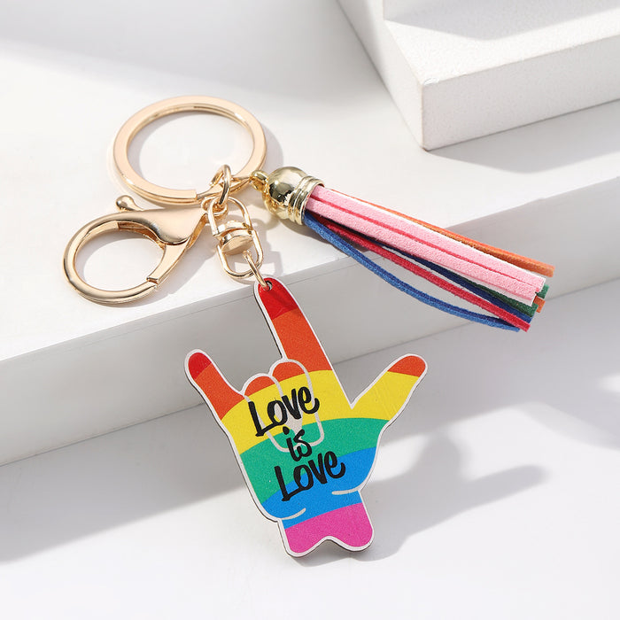 Wholesale Pride Day Love Rainbow Tassel Wooden Keychain JDC-KC-RongRui017