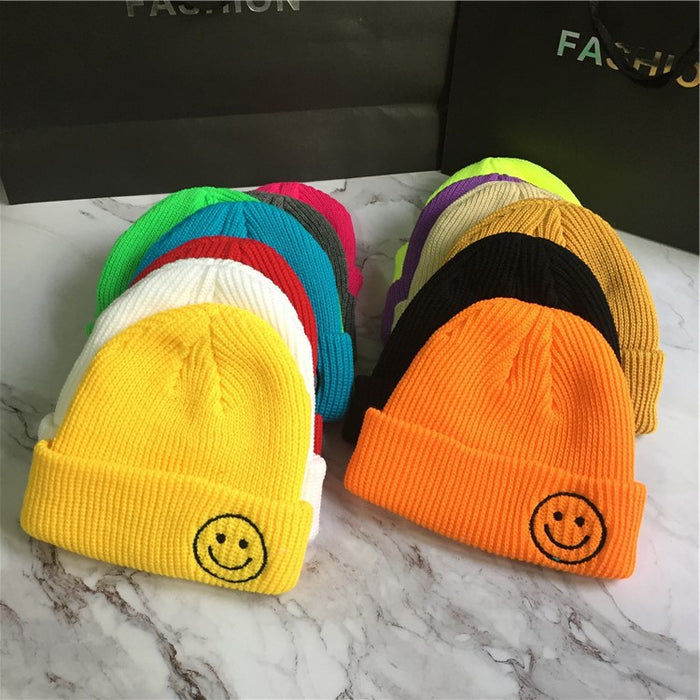 Wholesale Candy Color Embroidered Smiley Face Acrylic Knitted Beanie JDC-FH-Kamie003