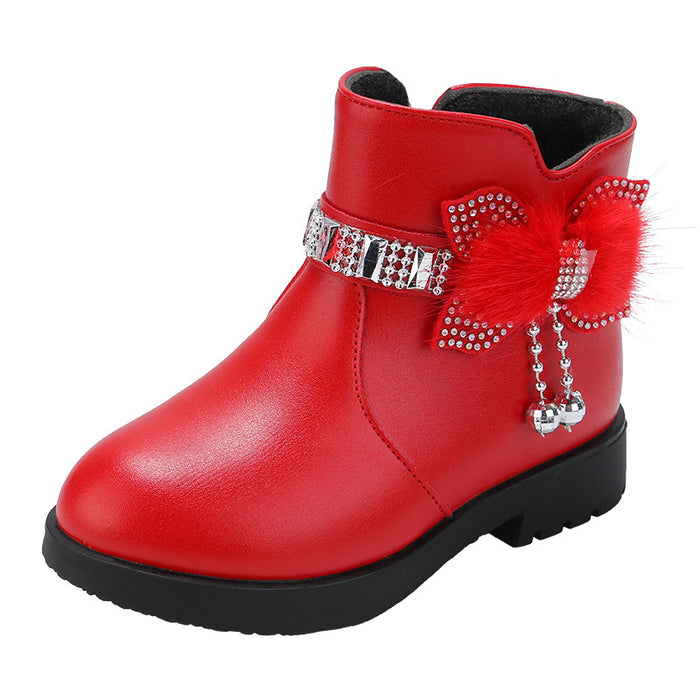 Wholesale A Pair/ Children's Mid-range Warm Leather Boots with Cute Bow and Plush Cotton Shoes JDC-KS-SB002