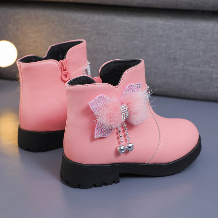 Wholesale A Pair/ Children's Mid-range Warm Leather Boots with Cute Bow and Plush Cotton Shoes JDC-KS-SB002