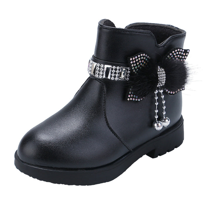 Wholesale A Pair/ Children's Mid-range Warm Leather Boots with Cute Bow and Plush Cotton Shoes JDC-KS-SB002