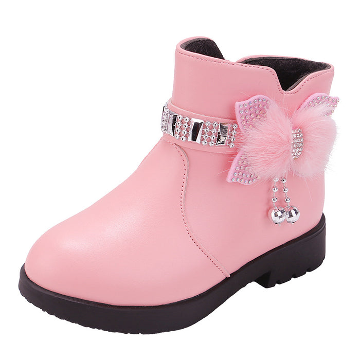 Wholesale A Pair/ Children's Mid-range Warm Leather Boots with Cute Bow and Plush Cotton Shoes JDC-KS-SB002