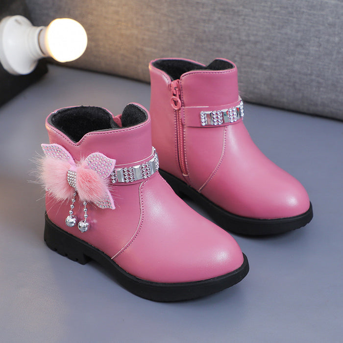 Wholesale A Pair/ Children's Mid-range Warm Leather Boots with Cute Bow and Plush Cotton Shoes JDC-KS-SB002