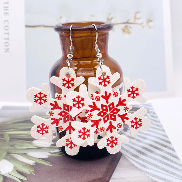 Wholesale Christmas Earrings,  Snowflake Double-Sided Printed Pu Leather Earrings,