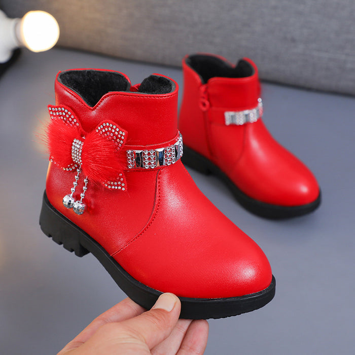 Wholesale A Pair/ Children's Mid-range Warm Leather Boots with Cute Bow and Plush Cotton Shoes JDC-KS-SB002