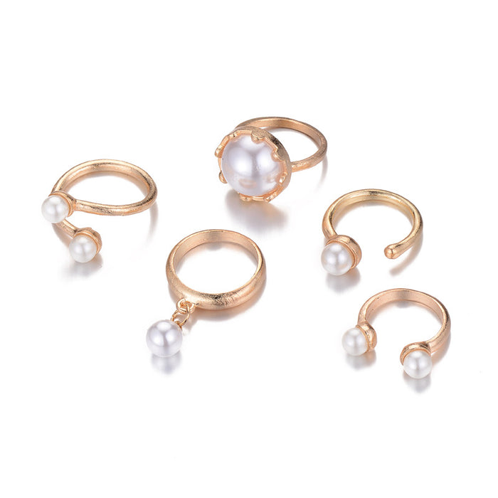 Wholesale Jewelry Fashion Gold Plated Pearl Ring Set Versatile Open Ring