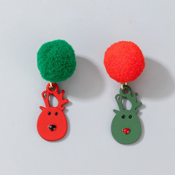 Wholesale Christmas Candy Elk Bell Earrings with Red Green Wool Ball Fashion MOQ≥2