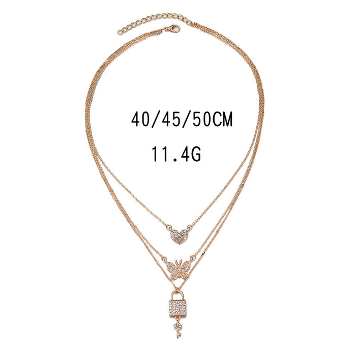 Wholesale New Personalized Butterfly Key Love Pendant Multi layer Necklace Fashion Street Photography Crystal Sweater Chain