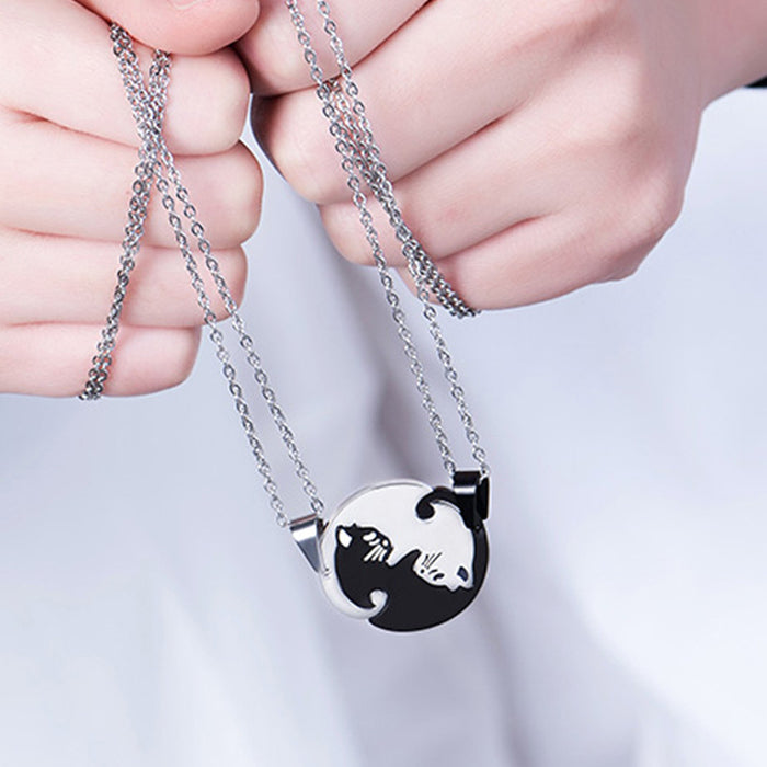 Wholesale Stainless Steel Black and White Cat Hug Splicing Pendant Necklace JDC-NE-LiL004