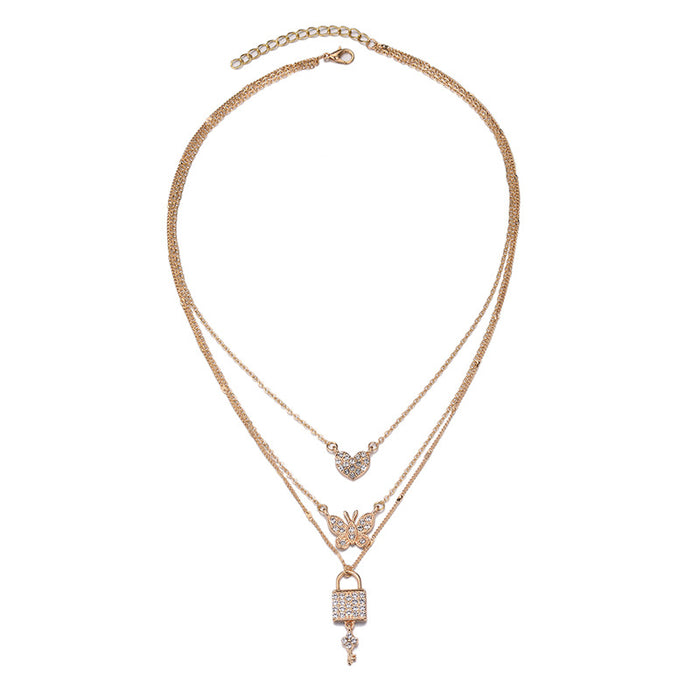 Wholesale New Personalized Butterfly Key Love Pendant Multi layer Necklace Fashion Street Photography Crystal Sweater Chain