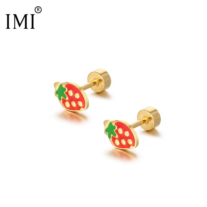 Wholesale Girl Cute Small Colorfulful Strawberry Earrings Titanium Steel