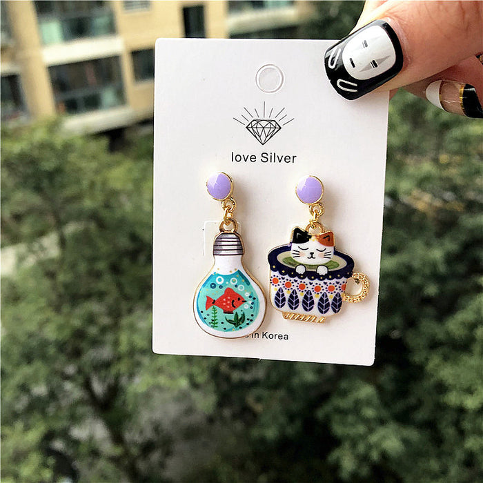 Wholesale Cat  Series Happy Life Cute Teacup Bulb Cat Asymmetric Silver Earrings