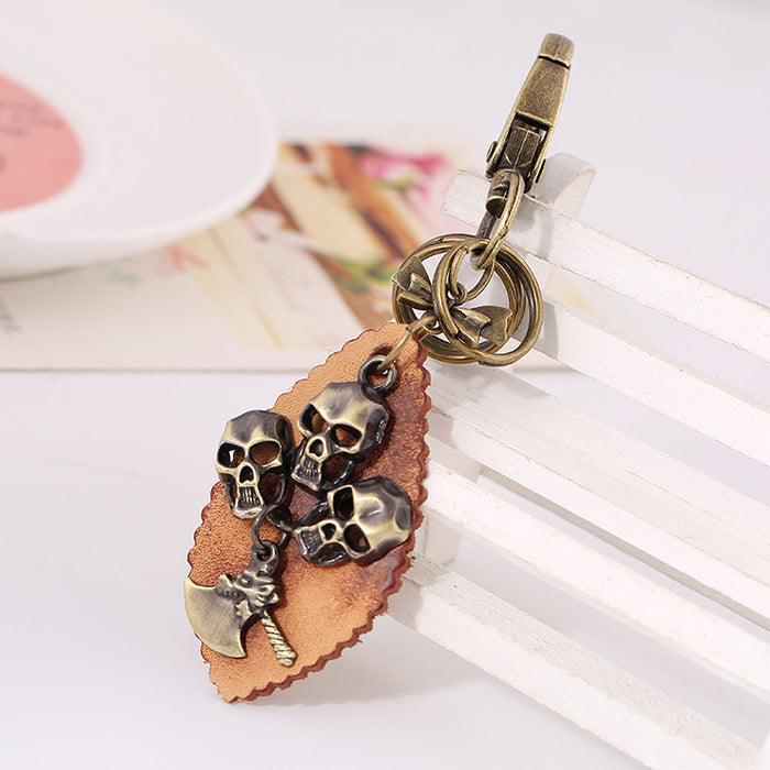 Llavero de cráneo de bronce retro de cuero de cuero al por mayor jdc-kc-pangk006