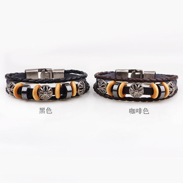 Wholesale Vintage Cowhide Braided Black Gallstone Wooden Bead Bracelet JDC-BT-QiN020