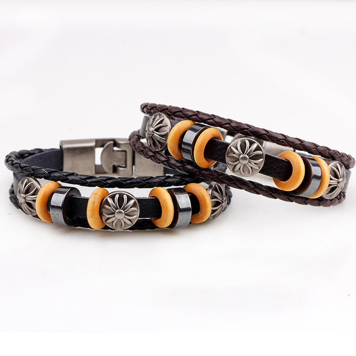 Wholesale Vintage Cowhide Braided Black Gallstone Wooden Bead Bracelet JDC-BT-QiN020