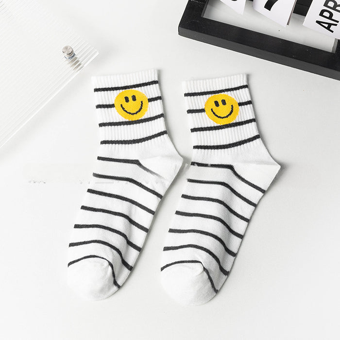 Wholesale of 10pcs Black and White Striped Cartoon Smiling Face Cotton Mid Length Socks JDC-SK-Miqi001