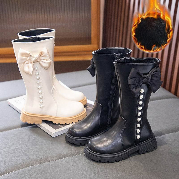 Wholesale A Pair/ Children's Fashionable Princess Bow Pearl and Velvet Warm High Top Cotton Boots JDC-KS-SB005