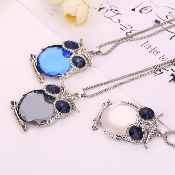 Wholesale Crystal owl long fashion sweater chain necklace for women