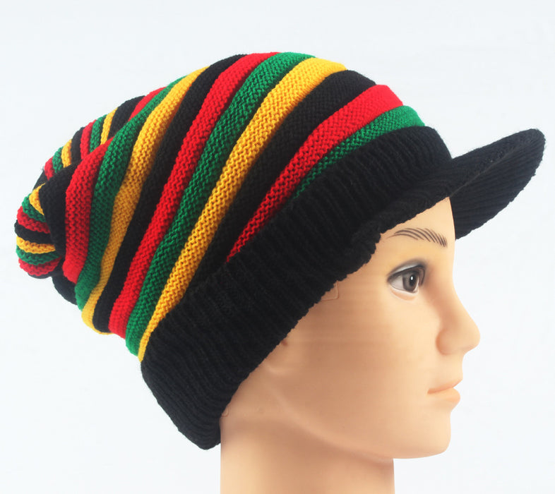 Wholesale Beanie Hat with Brim Colorful Stripes Long Rainbow Acrylic Knitted Beanie Hat JDC-FH-LvH017