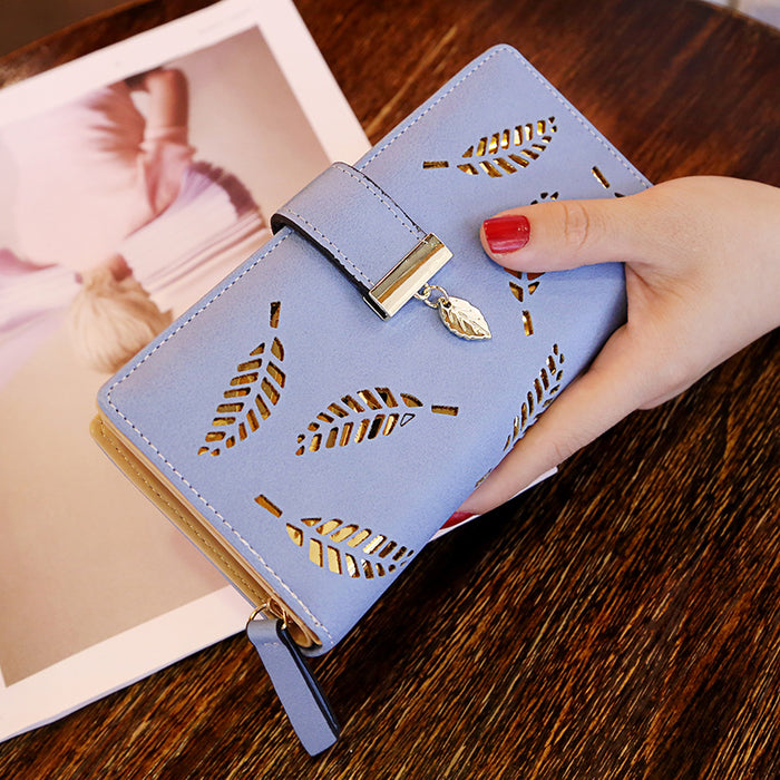 Wholesale Women's Long Hand-held Bag with Hollow Leaf Zipper Buckle Wallet JDC-WT-PJ001