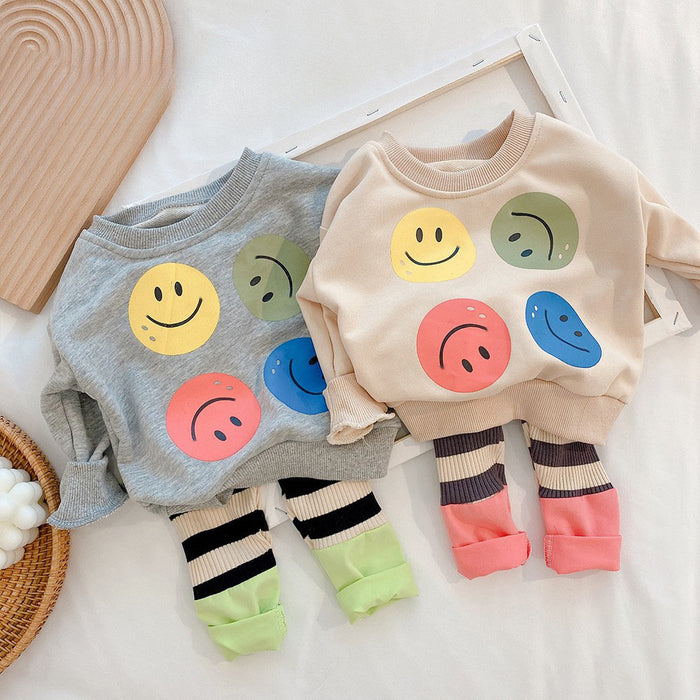 Wholesale Baby Smiley Face Hoodie 0-3 Years Old Autumn Clothes for Boys and Girls Soft Long Sleeved Top Baby Contrasting Striped Pants JDC-BC-XZXY003