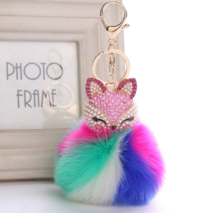 Wholesale Fox Head Pendant Plush Diamond Alloy Keychain JDC-KC-RongRui056