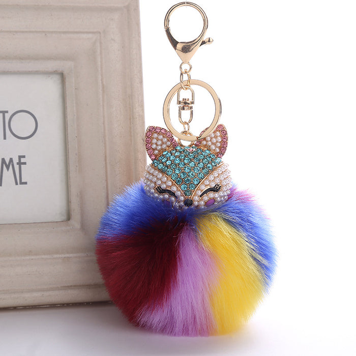 Wholesale Fox Head Pendant Plush Diamond Alloy Keychain JDC-KC-RongRui056