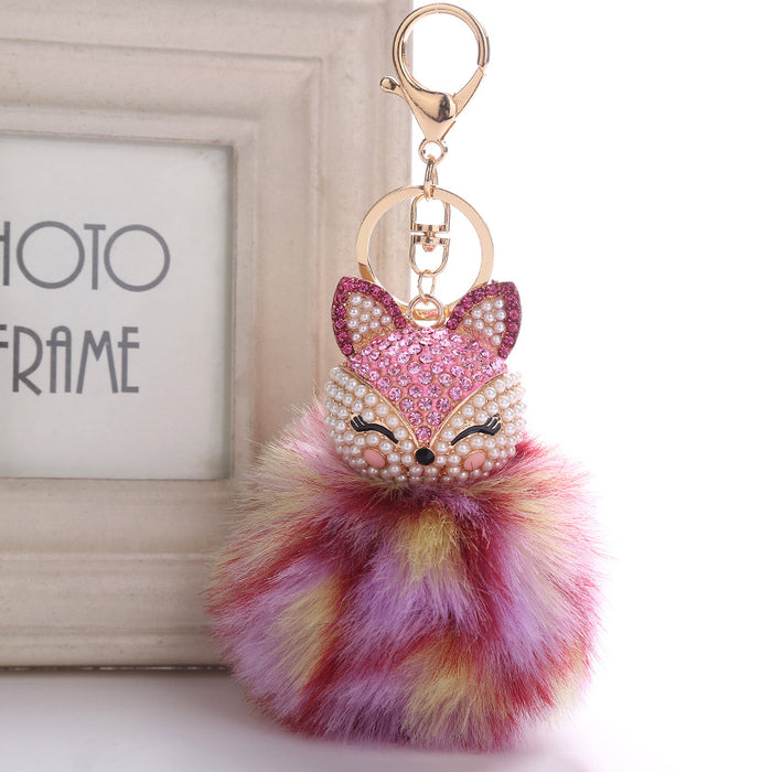 Wholesale Fox Head Pendant Plush Diamond Alloy Keychain JDC-KC-RongRui056