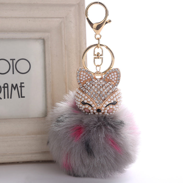 Wholesale Fox Head Pendant Plush Diamond Alloy Keychain JDC-KC-RongRui056