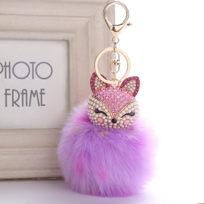 Wholesale Fox Head Pendant Plush Diamond Alloy Keychain JDC-KC-RongRui056