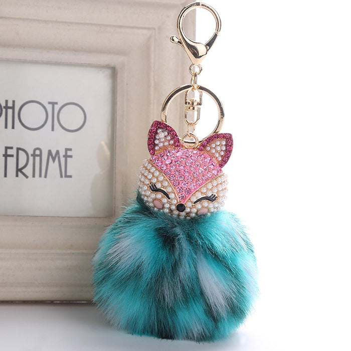 Wholesale Fox Head Pendant Plush Diamond Alloy Keychain JDC-KC-RongRui056