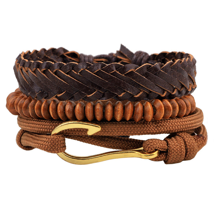 Wholesale Leather Multi-root Combination Men's Cowhide Strap Anchor Wooden Bead Bracelet JDC-BT-QiN019