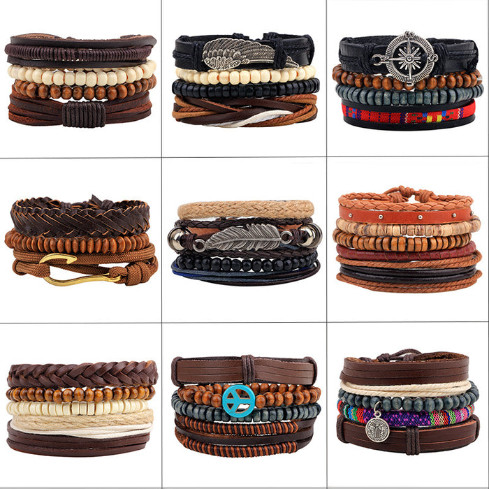 Wholesale Leather Multi-root Combination Men's Cowhide Strap Anchor Wooden Bead Bracelet JDC-BT-QiN019