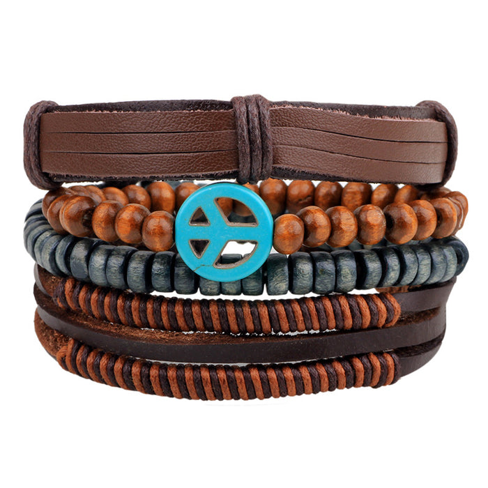 Wholesale Leather Multi-root Combination Men's Cowhide Strap Anchor Wooden Bead Bracelet JDC-BT-QiN019