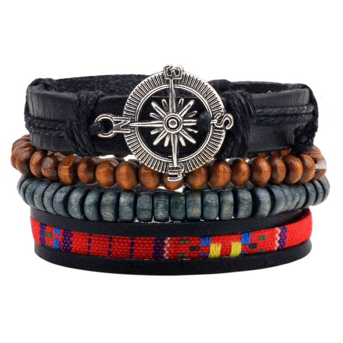 Wholesale Leather Multi-root Combination Men's Cowhide Strap Anchor Wooden Bead Bracelet JDC-BT-QiN019