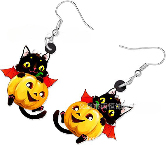 Wholesale Black Cat Pumpkin Halloween Acrylic Pendant Earrings JDC-ES-Yuhen002