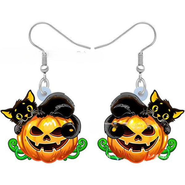 Wholesale Black Cat Pumpkin Halloween Acrylic Pendant Earrings JDC-ES-Yuhen002