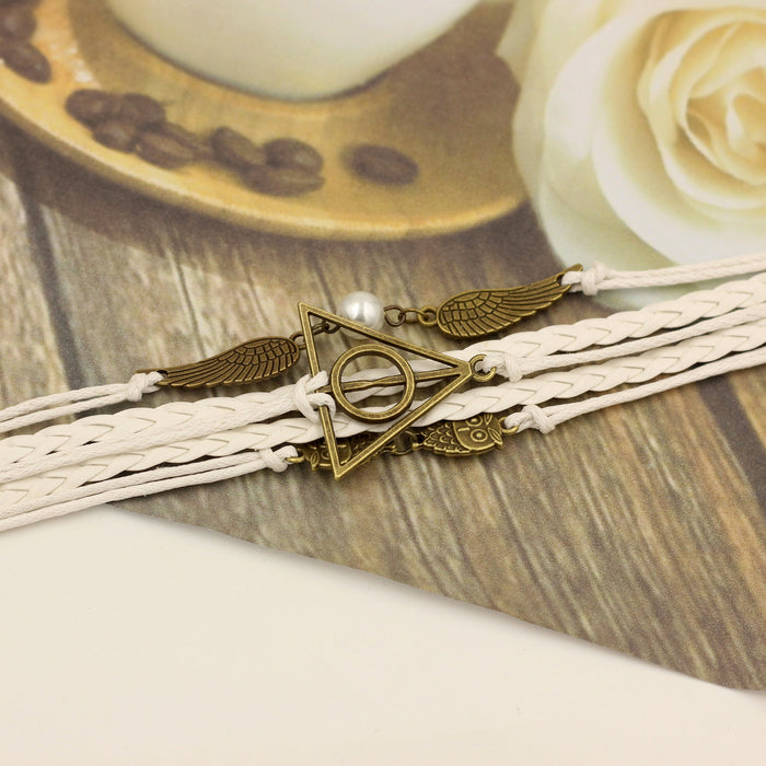 Wholesale Wax rope alloy owl triangle angel wing bracelet