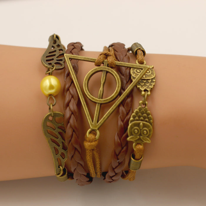 Wholesale Wax rope alloy owl triangle angel wing bracelet