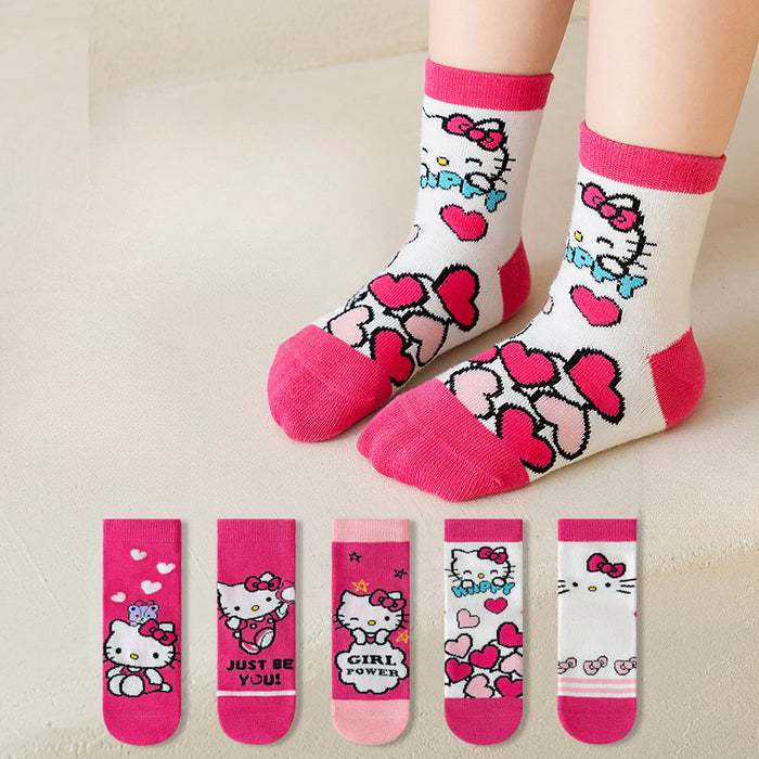 Wholesale 5 Pairs/pack Girls Socks New Sweet Hello Kitty Pink Baby Socks Cartoon Children's Middle Tube Socks Cotton Middle and Small Children JDC-SK-LXWC005