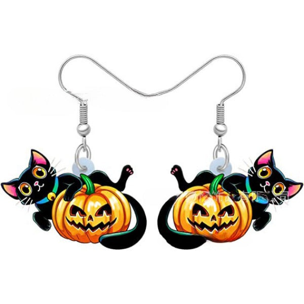 Wholesale Black Cat Pumpkin Halloween Acrylic Pendant Earrings JDC-ES-Yuhen002