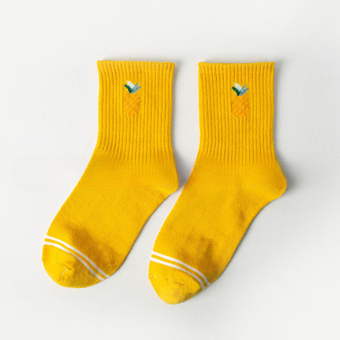 Wholesale 10pcs Polyester Cotton Yellow Pineapple Socks Versatile Plaid Mid-calf Socks JDC-SK-Miqi010