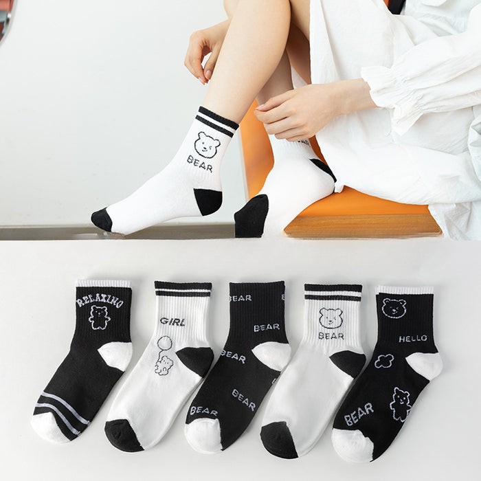 Wholesale of 10pcs Little Bear Black and White Mid Length Socks JDC-SK Miqi010